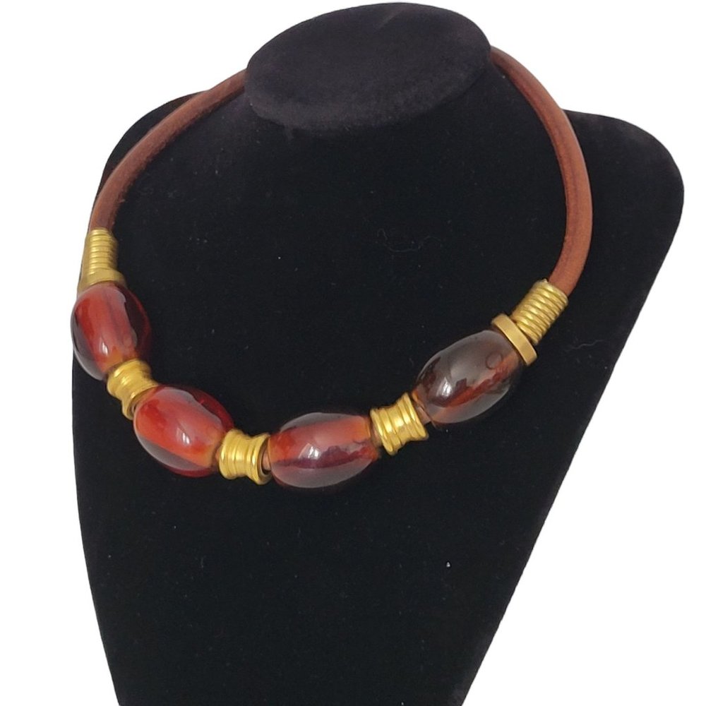 Corded Choker 14" Necklace Brown Plastic Beads Gold Tone Accents Hook Close